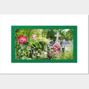 Paris Montmartre Cemetery Cross with Pink Flowers Posters and Art